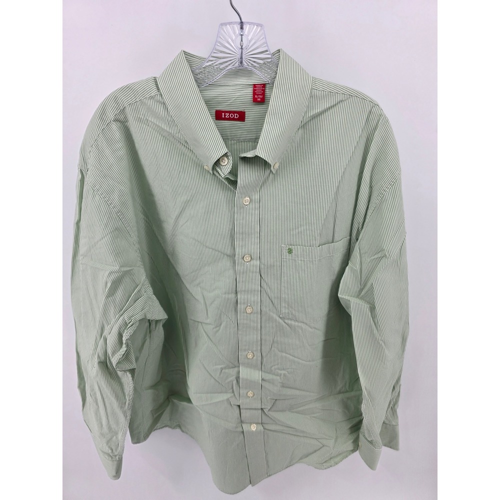 IZOD Mens XL Long Sleeve Button Down Shirt Green White Striped Pocket